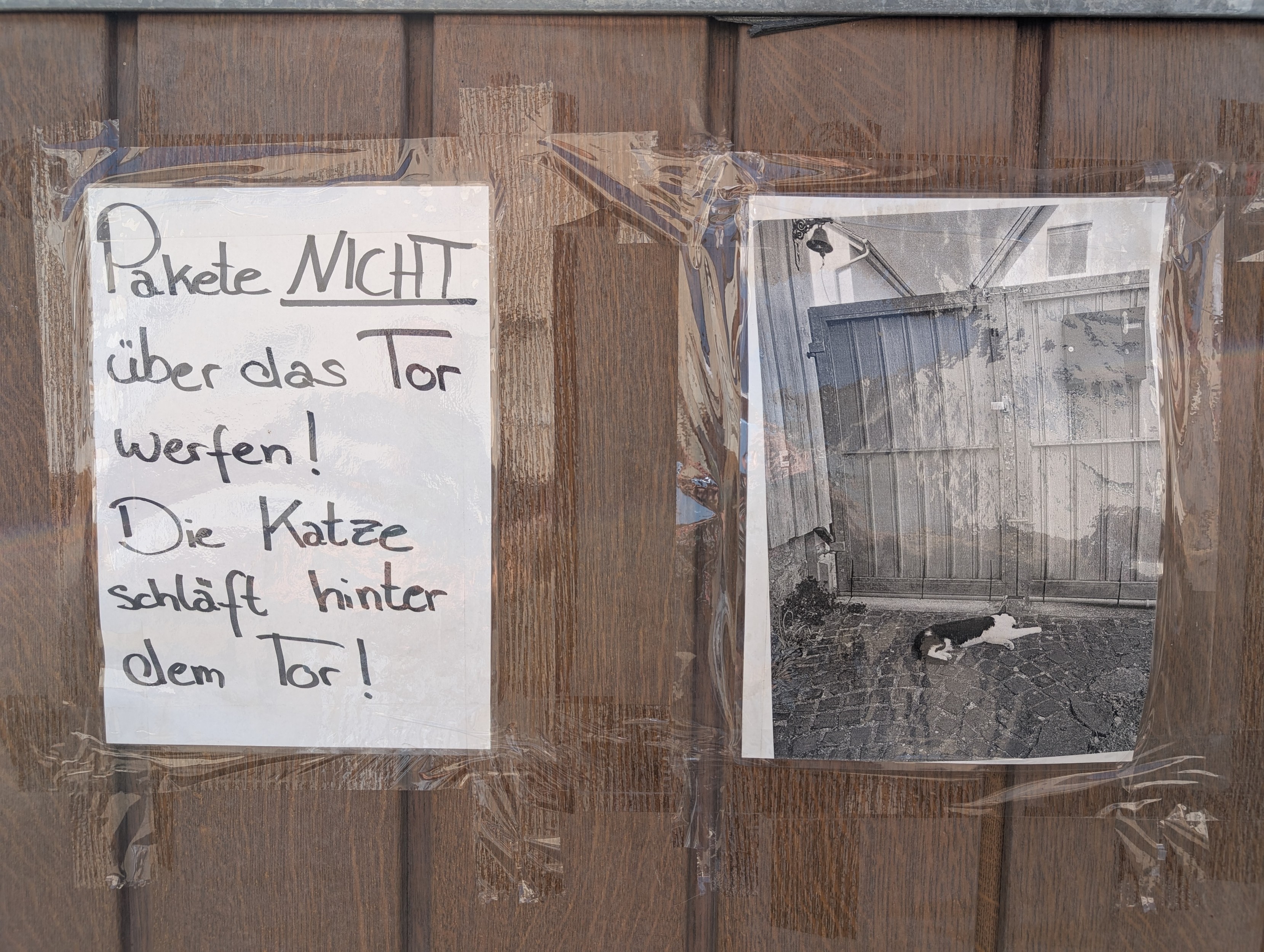 Schild an einer Hauseinfahrt: "Pakete nicht über das Tor werfen! Die Katze schläft hinter dem Tor!" Daneben hängt eine Fotografie einer Katze, die an dem Tor der Einfahrt ausgestreckt liegt.