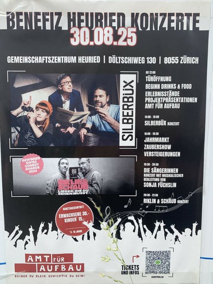 Plakat mit Einladung für ein Benefizkonzert von Silberbüx, einer Musikgruppe mit Zielgruppe Kinder, deren Werk wir mit unseren rauf-und runter hören durften - ohne Schäden.