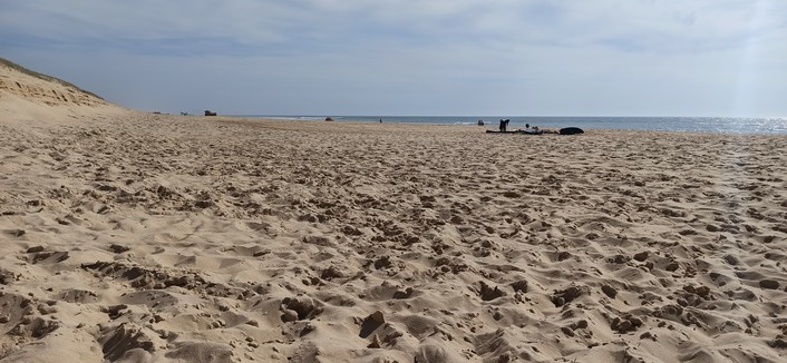 Bildrichtung parallel eines 50 Meter breiter Sandstrands mit vielen Spuren in später Nachmittagssonne von Südwesten im Mai. Himmel ist blau und wolkanlos, in Blickrichtung ein paar Menschen auf ihrem Strandequipment. das Meer sieht man in im Hintergrund, denn die Fotografie enstand in Bodennähe, so daß der Eindruck einer schönen Weite des Strandes entstanden ist. 