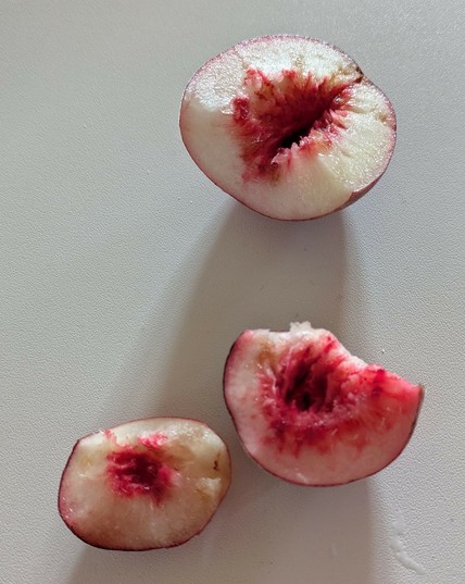 drei angeschnittene Teile von kleinen weißen Pfirsichen liegen auf einem weißen Tisch
