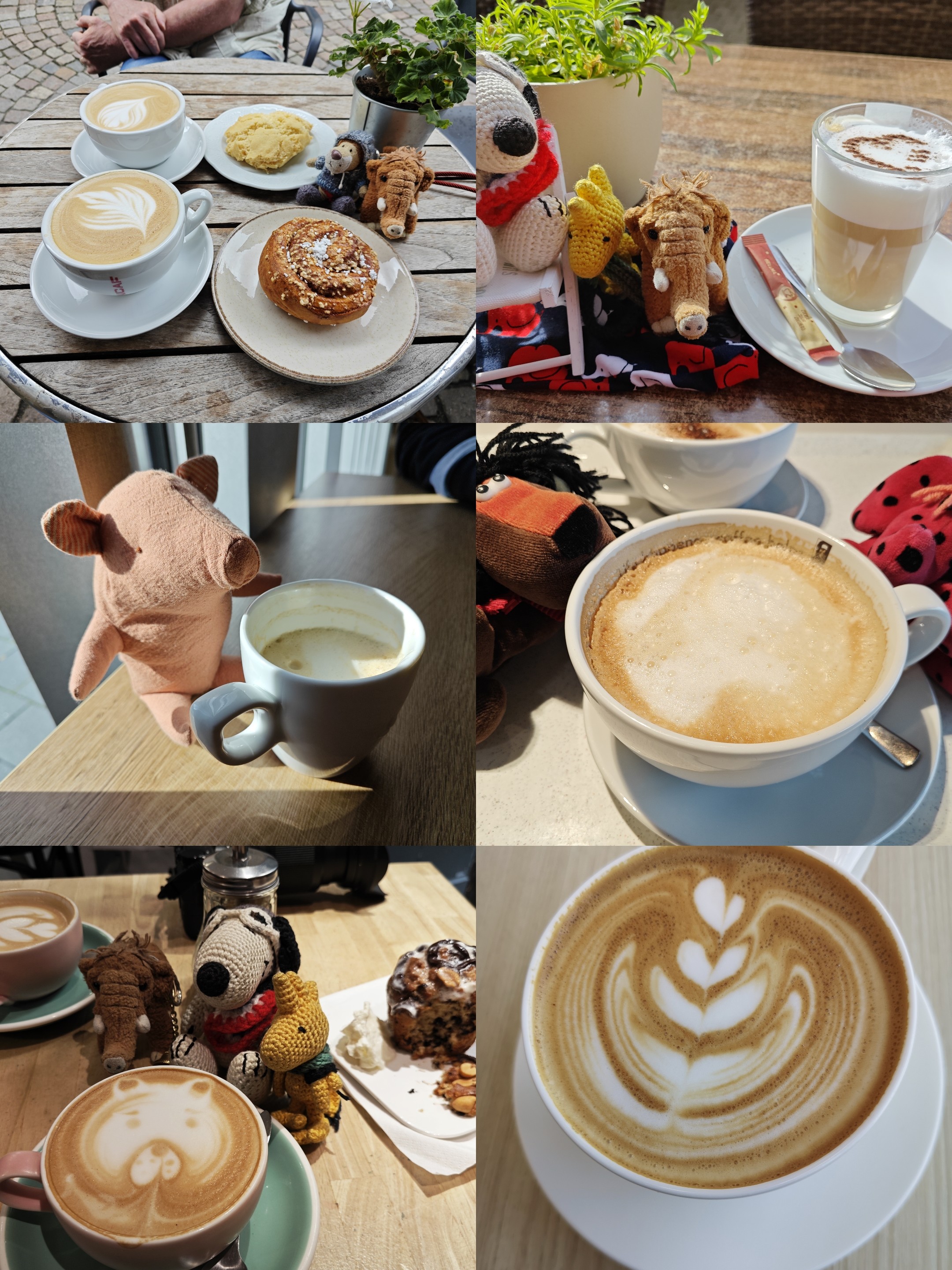 Collage von Fotos mit Kaffee, neben den Tassen verschiedene Plüschtiere und manchmal Kuchen. Collage von Fotos mit Kaffee, neben den Tassen verschiedene Plüschtiere und manchmal Kuchen.