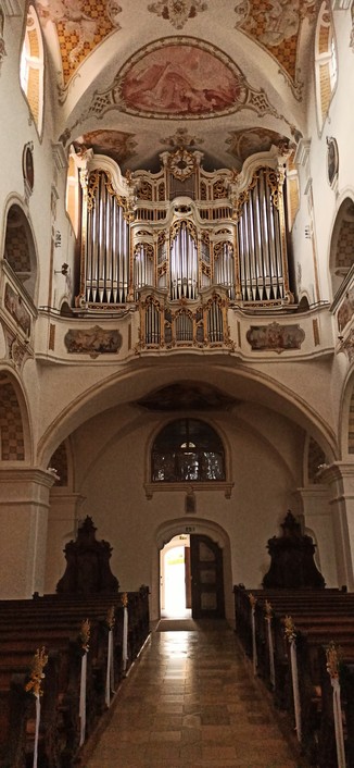 Orgel auf einer Empore, das Rückpositiv in der Brüstung verbaut. Alles im barocken Stil gehalten, heller Anstrich und gefaßte Gemälde.