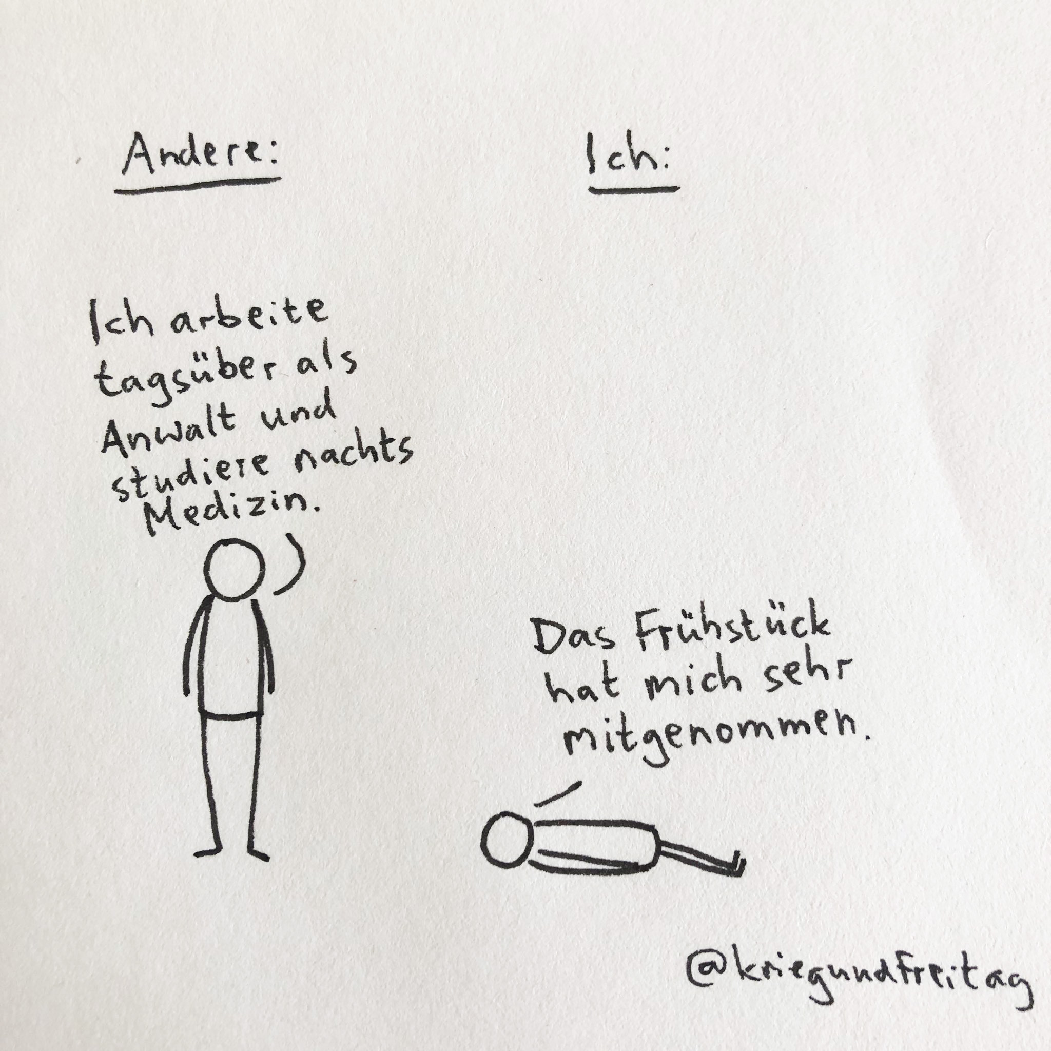 Schwarz-weiße Strichzeichnung mit zwei Figuren: links stehende Person sagt unter der Überschrift "Andere": 'Ich arbeite tagsüber als Anwalt und studiere nachts Medizin.', rechts liegende Person sagt unter der Überschrift "Ich": 'Das Frühstück hat mich sehr mitgenommen.' Schwarz-weiße Strichzeichnung mit zwei Figuren: links stehende Person sagt unter der Überschrift "Andere": 'Ich arbeite tagsüber als Anwalt und studiere nachts Medizin.', rechts liegende Person sagt unter der Überschrift "Ich": 'Das Frühstück hat mich sehr mitgenommen.'