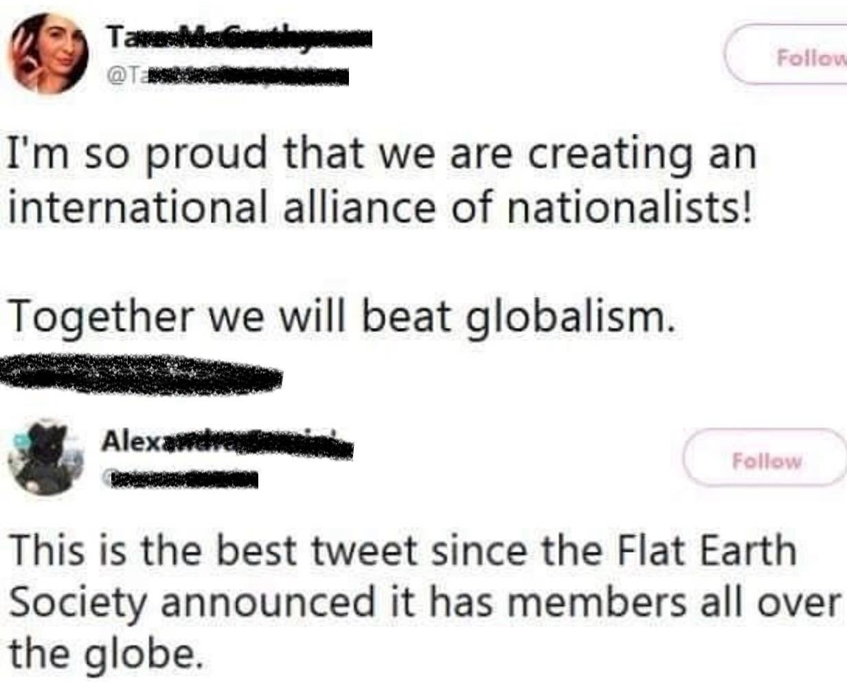 Post: 
I'm so proud that we are creating an international alliance of nationalists! Together we will beat globalism. 
Comment:
This is the best tweet since the Flat Earth Society announced it has members all over the globe.