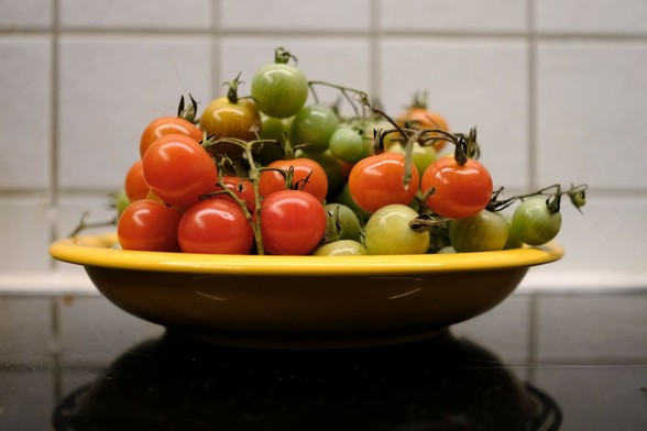 in einem tiefen gelben Teller liegen kleine grüne und rote Cocktailtomaten