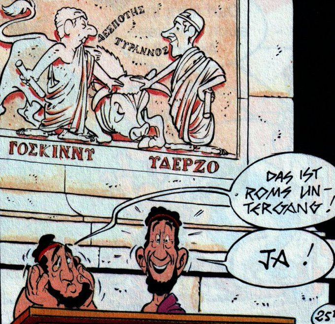 Ein Marmorfries mit zwei Gestalten, die Goscinny und Uderzo darstellen. Vor dem Fries sitzen zwei Griechen, die sich um die Anmeldungen der Olympischen Spiele kümmern: "Das ist Roms Untergang!" - "Ja!"