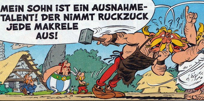 Streitender Verleihnix und Automatix mit rotem Kopf und kurz davor handgreiflich zu werden. Andere Gallier schauen im Hintergrund zu.