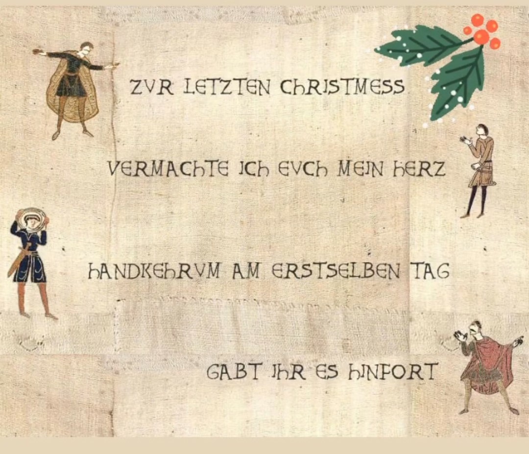 In alter Druckschrift mit mittelalterlichen Motiven:

Zur letzten Christmess
Vermachte ich Euch mein Herz 
Handkehrum am erstselben Tag
Gabt Ihr es hinfort