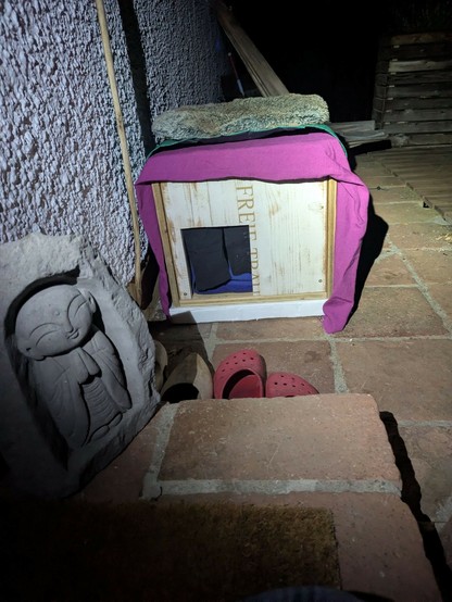 an einer Hauswand ist eine Holzkiste mit Eingang und Vorhang zu sehen. Links vorne steht ein kleiner Buddha (Jizo). Alles morgens von einer Stirnlampe beleuchtet