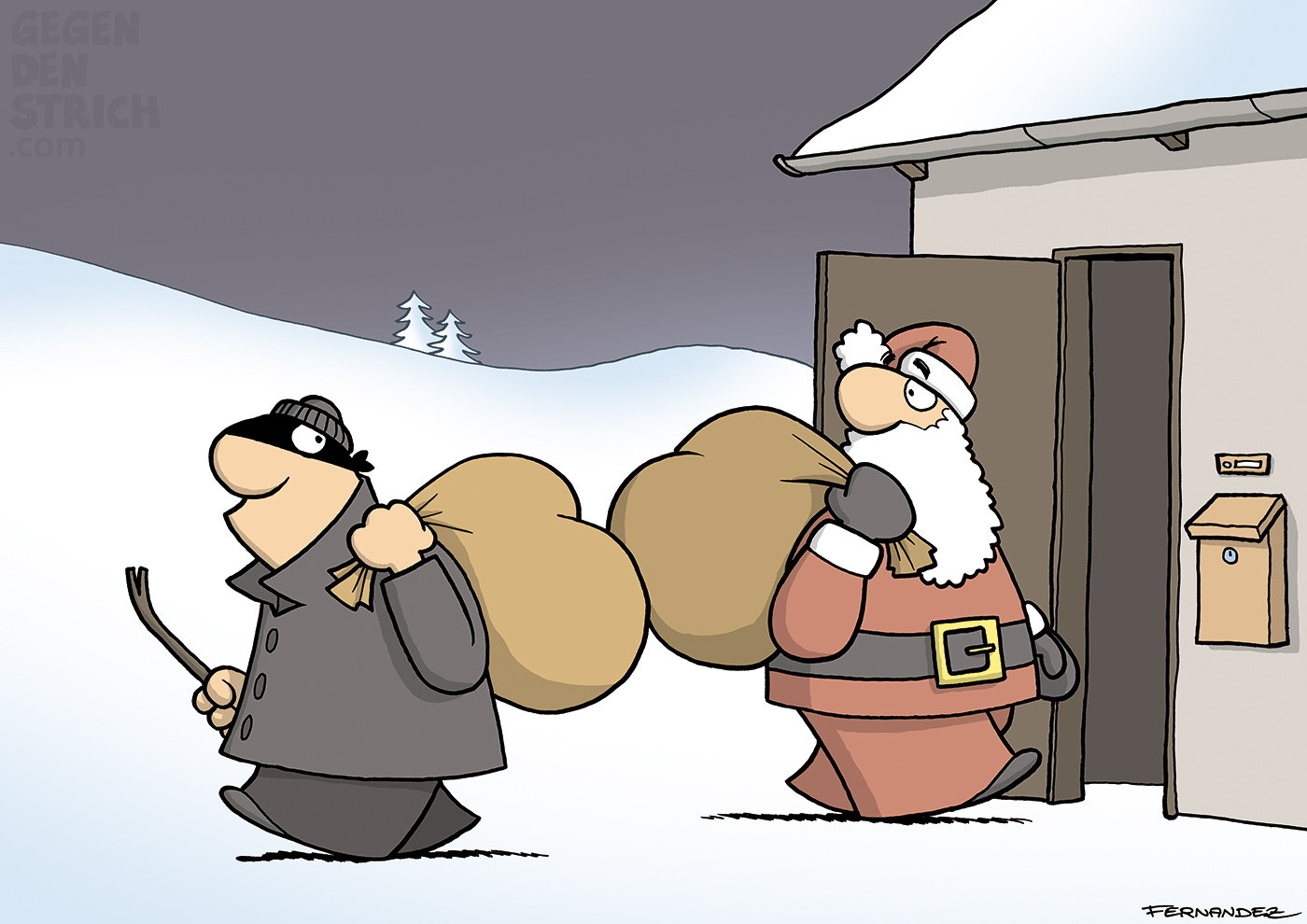 Ein Einbrecher mit Augenmaske trägt einen großen Sack über der Schulter und kommt gerade aus einem Haus. Ihm kommt der verdutzte Weihnachtsmann entgegen, ebenfalls mit großem Sack über der Schulter.