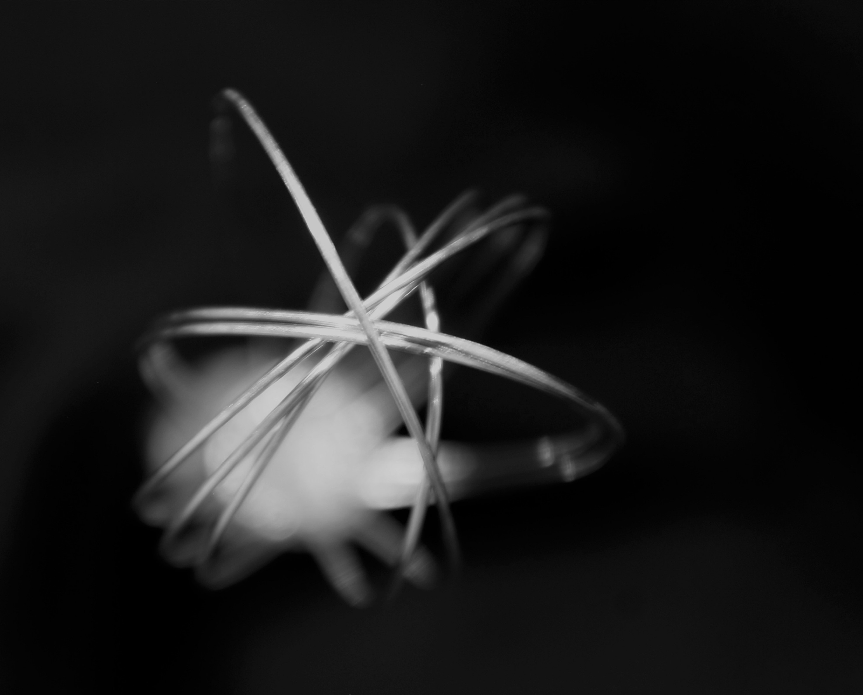 Das Bild ein Foto in Schwarzweiß gehalten und zeigt einen Schneebesen von oben. Es wirkt wie ein abstraktes Objekt, das aussieht wie eine Ansammlung von dünnen, gebogenen Drähten, die sich in der Mitte zu einem unscharfen Zentrum verknüpfen. Der Hintergrund ist dunkel und unscharf, was den Fokus auf das Drahtobjekt lenkt.