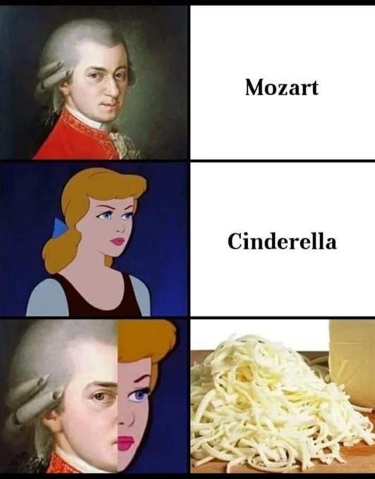 Vierfelder-Meme: Oben links ein klassisches Porträt eines Komponisten (beschriftet „Mozart“), oben rechts die Textaufschrift „Mozart“. In der Mitte links eine Zeichentrickfigur von Cinderella (beschriftet „Cinderella“), mittig rechts die Textaufschrift „Cinderella“. Unten links ein halbiertes Bild, das die linke Hälfte des Komponistenporträts mit der rechten Hälfte von Cinderella kombiniert. Unten rechts ein Haufen geriebener weißer Käse (Mozzarella).

Four-panel meme. Top left shows a classical portrait of a composer labeled “Mozart,” with the word “Mozart” on the top right. The middle left shows the animated character Cinderella, with the word “Cinderella” on the middle right. Bottom left shows a split image combining half of Mozart’s portrait and half of Cinderella’s face. Bottom right shows a pile of shredded white cheese (mozzarella).