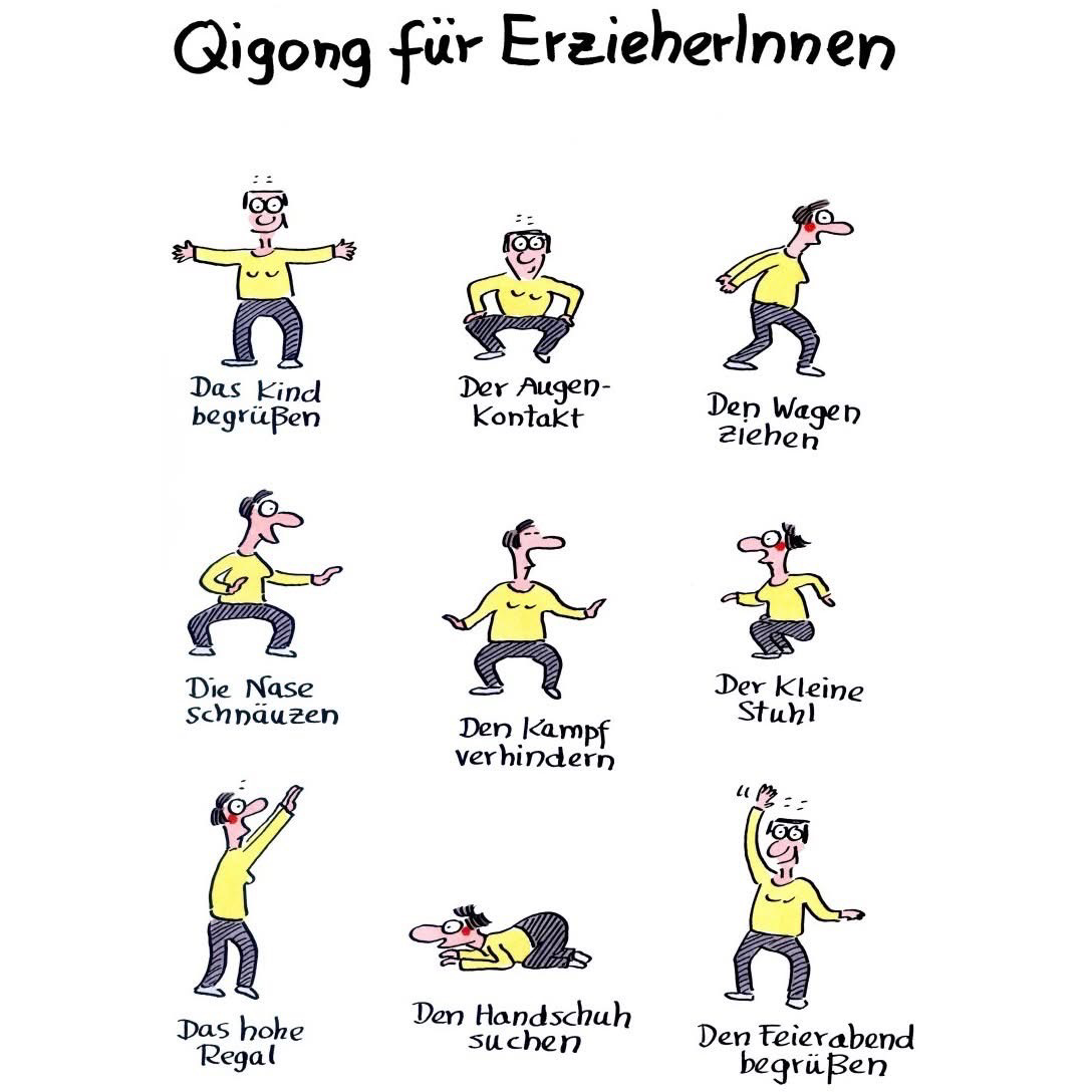 Sport für Erzieherinnen: cartoonbilder eine Erzieherin mit verschiedenen Übungen, die ihren Beruf wiederspiegeln zB ausgebreitete Arme, in die Hocke gehe usw. Mit humoristischen Namen wie „das Kind begrüße“ oder „den Handschuh suchen“
