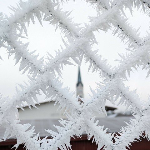 an einem Maschendrahtzaun hat sich Reif in Nadeln gebildet. Im freien Loch im Hintergrund ein spitzer, unscharfer Kirchturm