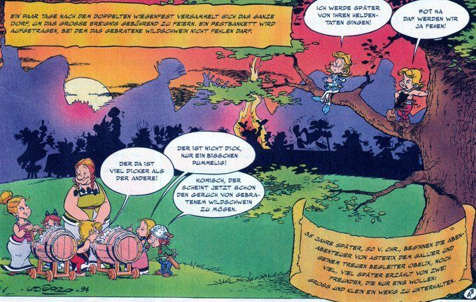 Im Hintergrund ist ein Bankett der Gallier zu sehen. Im Vordergrund stehen die Mütter von Asterix und Obelix, die als Babys in einem faßähnlichen Kinderwagen liegen. Um sie herum stehen u.a. Majestix und Verleihnix als Kinder. Auf einem Baum daneben sind Troubadix und Automatix als Kinder.