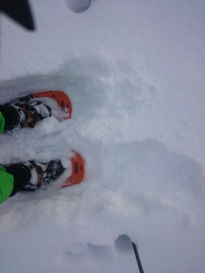 orange Schneeschuhe, eine grüne Hose und zwei Stecken von oben im Schnee fotografiert