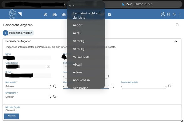 Screenshot derWebpage, auf der ich die Anmeldung vornehmen kann. Das Dropdown der Liste der Heimatorte ist aufgeklappt und beginnt mit einem Bindestrich, dann Heimatort nicht auf der Liste, dann Aadorf, Aarau…