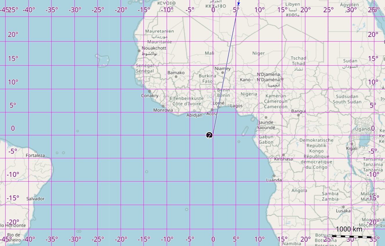Karte des äquatorialen Atlantiks; vor der Küste Afrika ist ein schwarzer Punkt markiert.