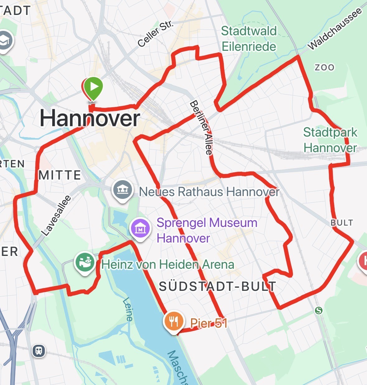 Screenshot. Eine Karte von Hannover. Daraus eine rote Linie, welche die gefahrene Strecke zeigt. 
Die Form erinnert etwas an einen stilisierten Elefanten. Allerdings hat er eine Delle am Kopf und ein fehlendes Hinterbein