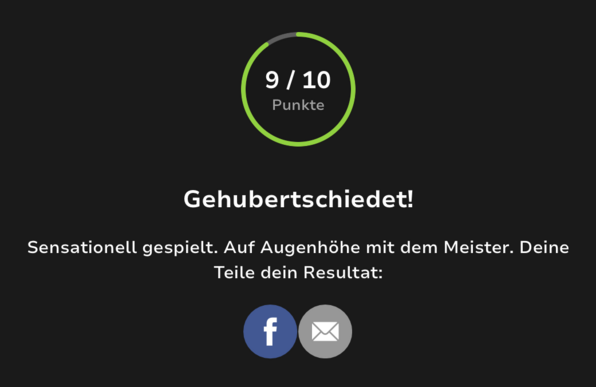 Screenshot meines Quizresultats im aktuellen Huber-Quiz von watson. Ich hatte 9 von 10 Fragen richtig.