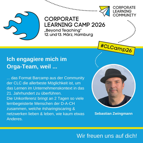 Visuel mit Foto von zwingy bei Troet cafe und farblichen Texten zum barcamp der coporaratelearning communintyx im marz in hamburg .. mit einem persönlichem Text „ich engagiere mich im orga team weil — Details gerne nachfragen :-)  