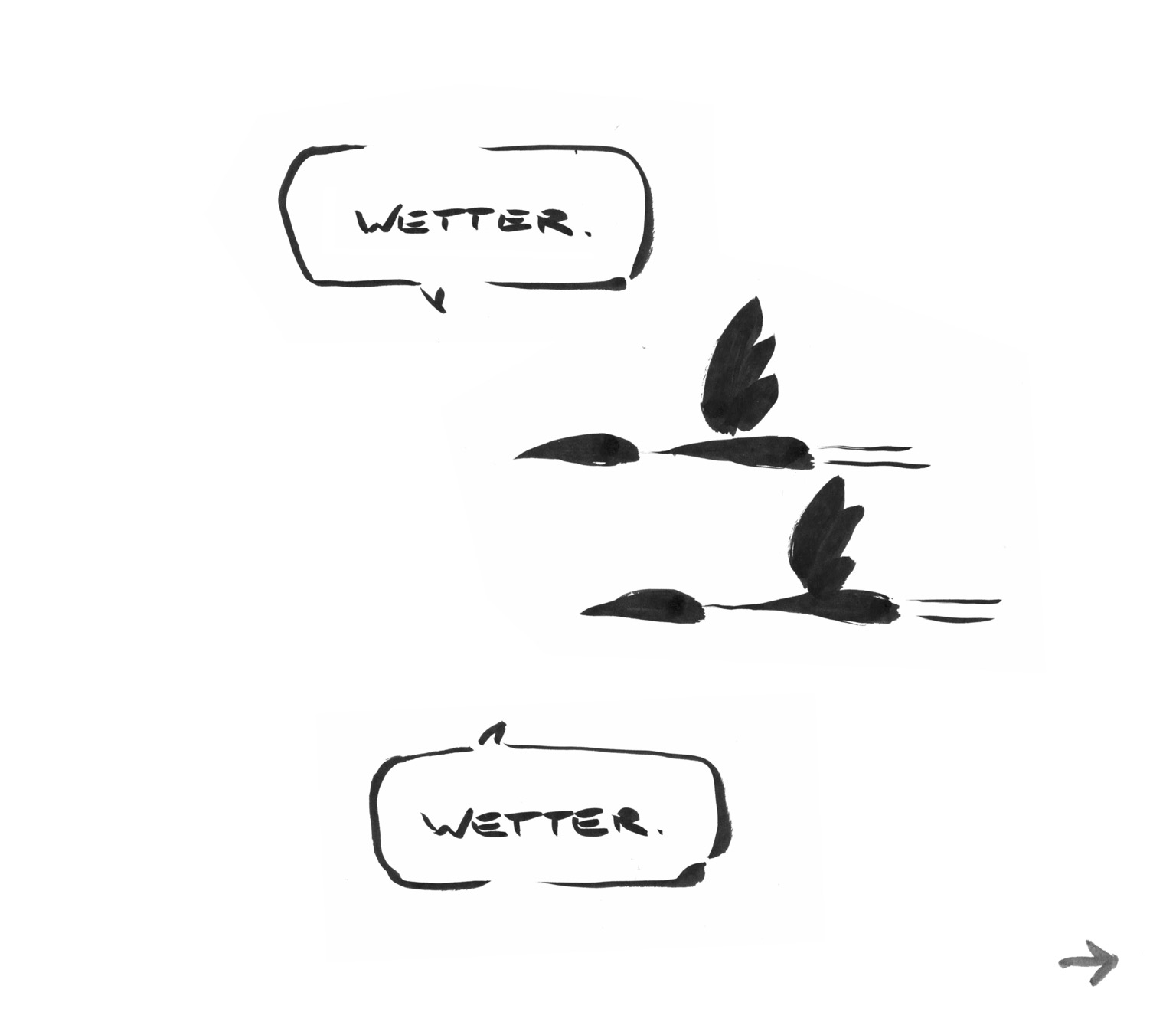 Cartoon aus wenigen Tuschestrichen. Zwei Kraniche fliegen nebeneinander. Einer sagt: WETTER. Der andere sagt auch: WETTER.