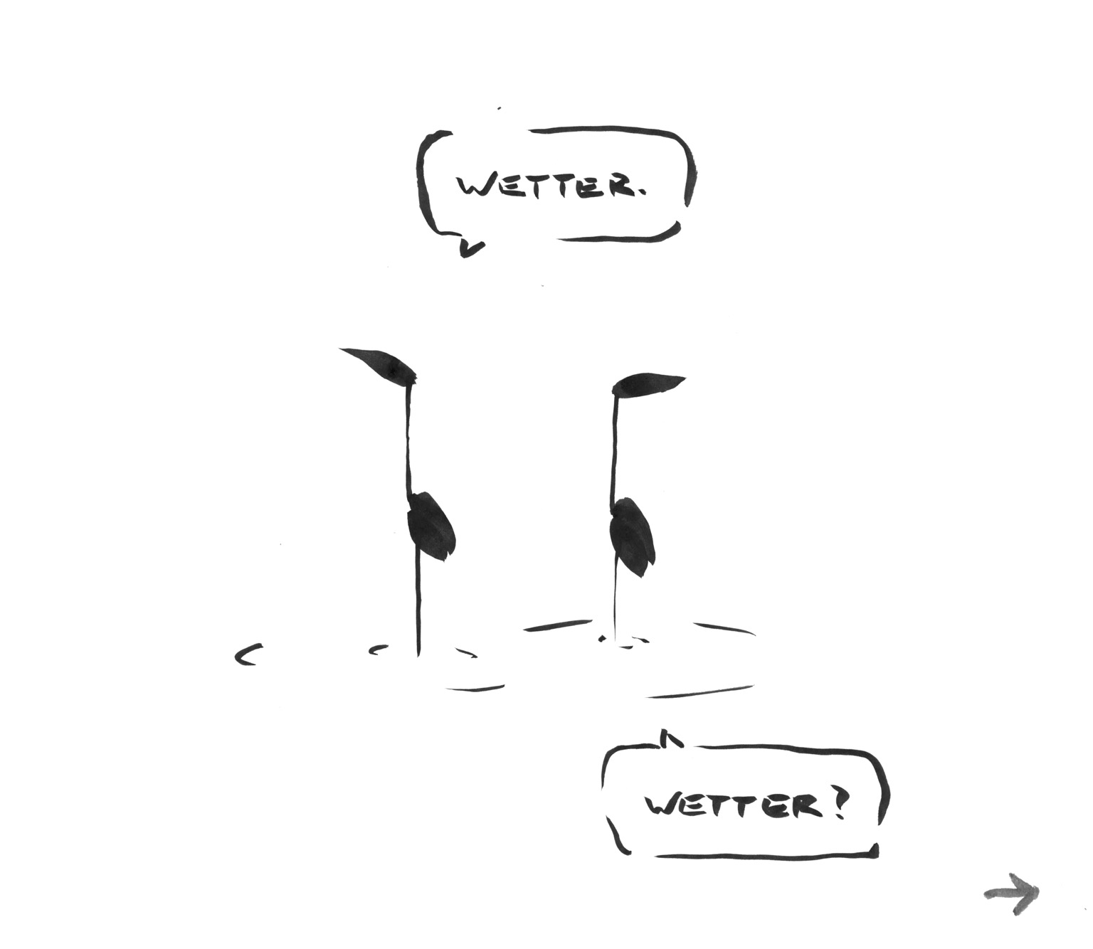Cartoon aus wenigen Tuschestrichen. Zwei Kraniche stehen im Wasser. Einer sagt: WETTER. Der andere fragt: WETTER?
