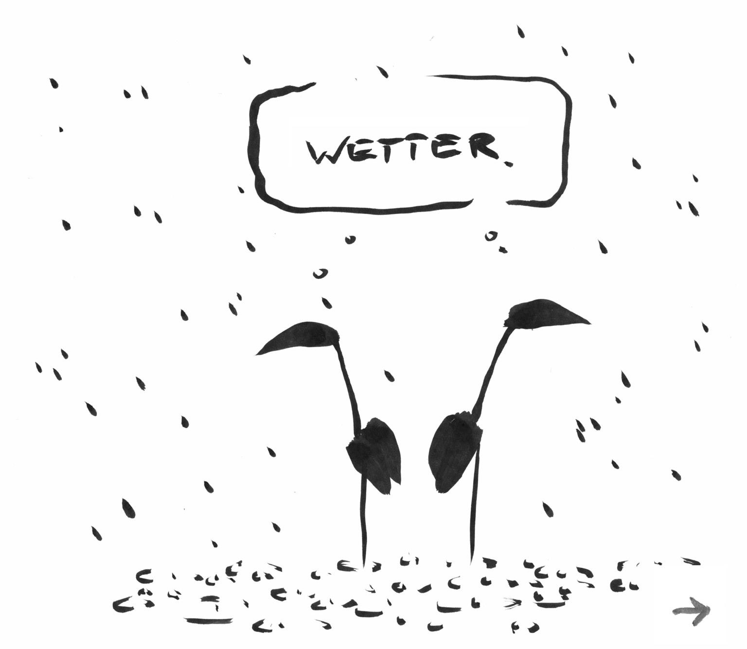 Cartoon aus wenigen Tuschestrichen. Zwei Kraniche stehen im Wasser. Es regnet. Beide denken: WETTER.