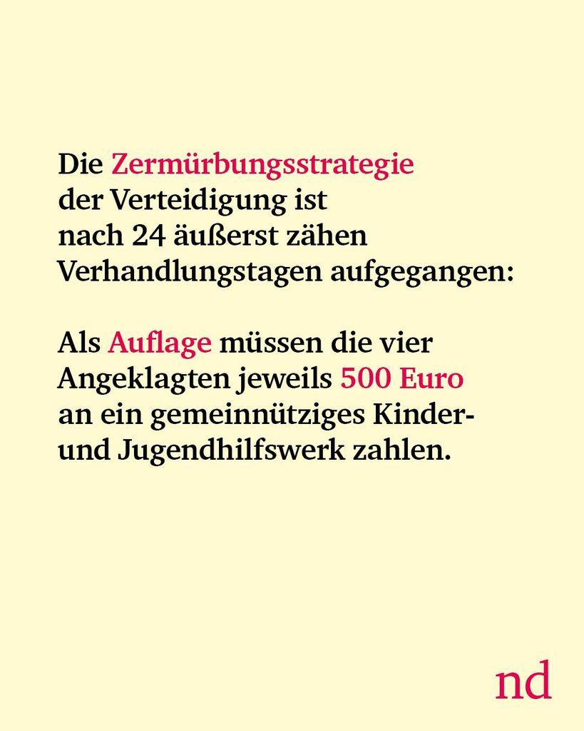 Slide 2: Die Zermürbungsstrategie der Verteidigung ist nach 24 äußerst zähen Verhandlungstagen aufgegangen: Als Auflage müssen die vier Angeklagten jeweils 500 Euro an ein gemeinnütziges Kinder- und Jugendhilfswerk zahlen.