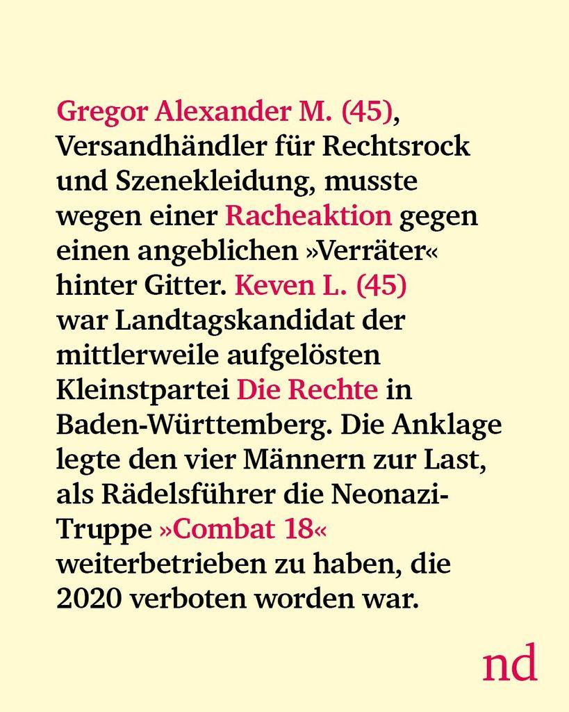 Slide 4: Gregor Alexander M. (45), Versandhändler für Rechtsrock und Szenekleidung, musste wegen einer Racheaktion gegen einen angeblichen »Verräter« hinter Gitter. Keven L. (45) war Landtagskandidat der mittlerweile aufgelösten Kleinstpartei Die Rechte in Baden-Württemberg. Die Anklage legte den vier Männern zur Last, als Rädelsführer die Neonazi-Truppe »Combat 18« weiterbetrieben zu haben, die 2020 verboten worden war.