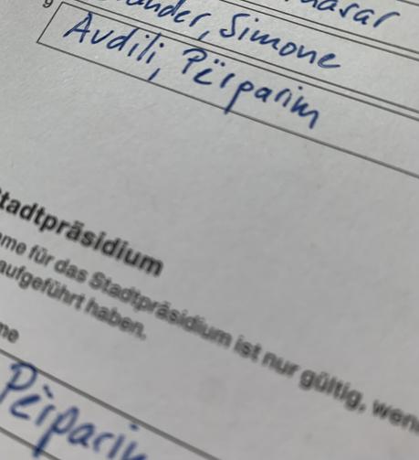 Ausschnitt eines Wahlzettels für den Stadtrat von Zürich. Es sind Teile von Namen der von mir gewählten Personen ausschnittweise erkenntlich.