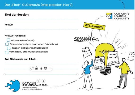 Session Vorlage für die Corporate Learning Community Camp im Frühjahr 

Mit Titel 
Host 
Ankreuzen und rechts 
Sketch mit Menschen und Zetteln 