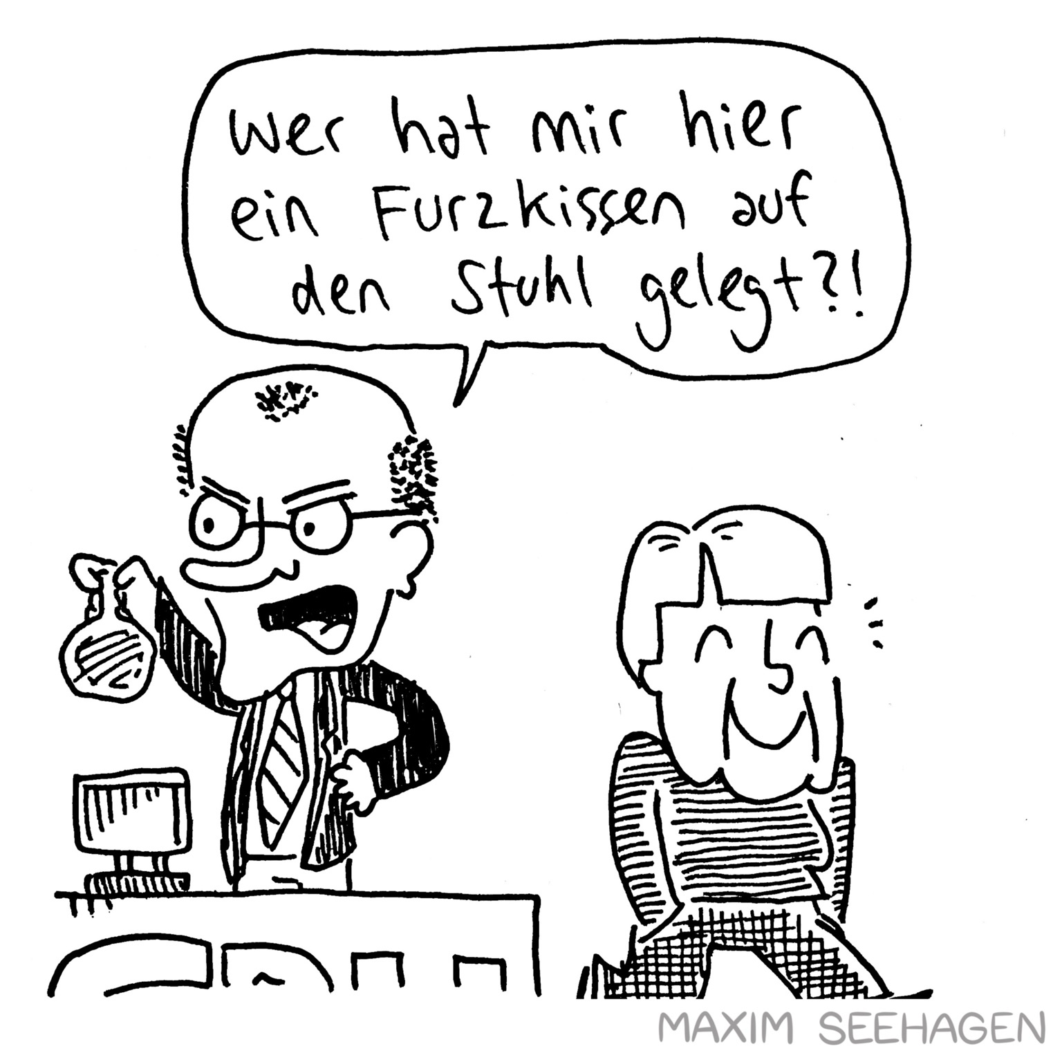 Cartoon auf dem CDU Parteitag. Friedrich Merz steht hinter einem Rednerpult und hält etwas hoch. Er ruft: „Wer hat mir hier ein Furzkissen auf den Stuhl gelegt?!“ Neben ihm läuft eine lächelnde Angela Merkel mit unschuldigem Gesichtsausdruck.