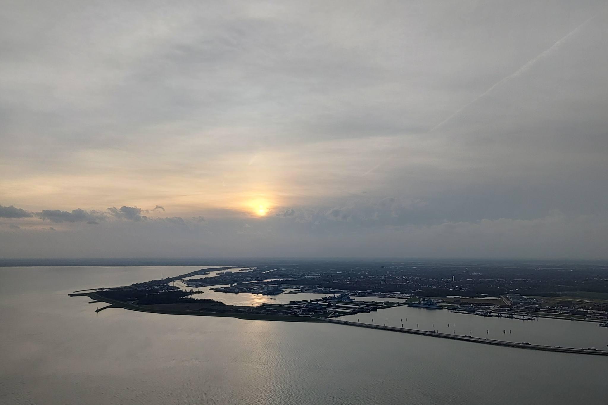 Wilhelmshaven seen from 1000 ft, seen from the eastern waterside looking westward towards the setting sun.