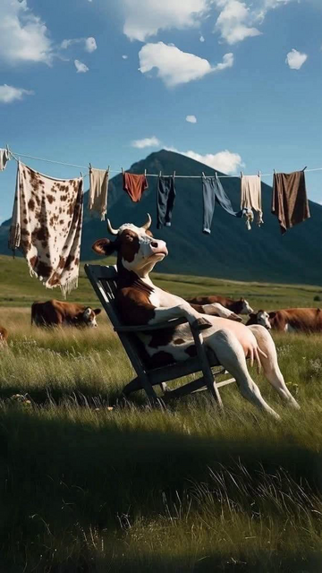 Eine braungefleckte Kuh sonnt sich im Liegestuhl auf einer Wiese, dahinter eine Wäscheleine mit Wäsche, andere Kühe auf der Weide und im Hintergrund ein Berg.