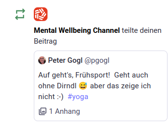 Bild eines Teilens eines Post von einem Bot auf Mastodon zum Thema #Yoga, obwohl der ursprüngliche Post nicht ernsthaft Yoga war.