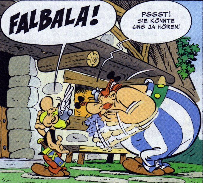 Asterix und Obelix stehen vor Falbalas Hütte. Obelix ist schüchtern und möchte ihr Blumen schenken, die er in der Hand hat, aber Asterix ruft laut und deutlich ihren Namen.