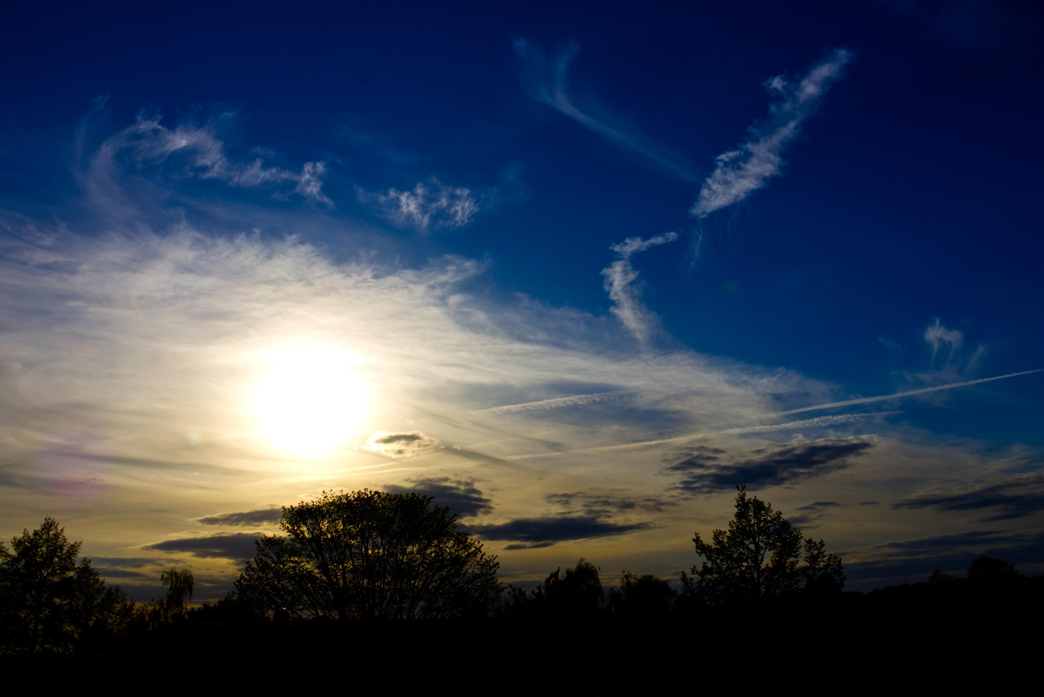 Im Vordergrund die dunklen Silhouetten von Bäumen. Darüber dunkelblauer Himmel. Die Sonne ist als heller Fleck in einer dünnen Wolkenschicht zu erkennen. Verschiedene kleine Wolken bilden dunklere Flecken am Himmel.