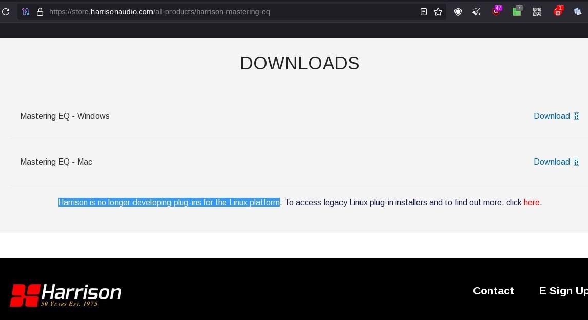 Screenshot from the Harrison website.
"Harrison is no longer developing plug-ins for the Linux platform"