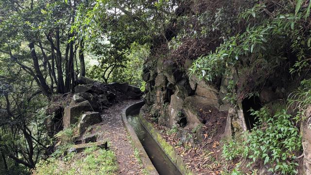 Ein 40 cm breiter Kanal läuft in einer sanften Kurve um einen Berg, daneben ein schmaler Wanderpfad. Rechts vom Kanal dicht mit Moosen bewachsene Felswänden, links sattgrüner Wald aus vielen verschiedenen Arten bestehend.