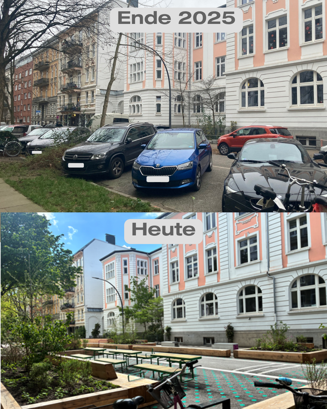 Zweigeteiltes Bild. Oben eine Wohnstraße mit Überschrift "Ende 2025". Autos sind an beiden Straßenseite abgestellt. Dahinter mehrgeschossige Wohnhäuser. Ein paar Bäume ragen empor. Vor den Stellflächen ein schmaler Streifen Gras, daneben sind Gehwegplatten zu erkennen.

Unten, überschrieben "Heute" (2026). Die Straße ist komplett umgebaut. Es sind keine Autos mehr zu sehen. Die Fahrbahn der Straße ist schmaler und als Radweg gestaltet. Tische mit Bänken stehen auf dem neuen Platz. Große Hochbeete aus dicken Holzbalken stehen auf beiden Seiten der Straße. Darin wachsen Sträucher.
(Quelle: @Hochbahn@norden.social)