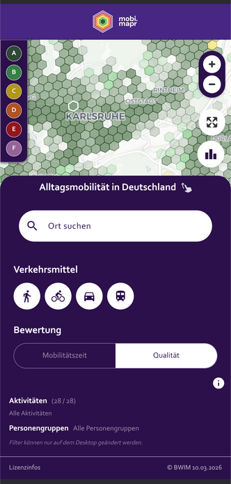 Screenshot mit Karte aus klassifizierten, farblich markierten Hexagonen zum Thema  Alltagsmobilität in Deutschland
Einstellungen:
* Verkehrsmittel (alle angewählt)
* Aktivitäten (28/28)
* Personengruppen 

