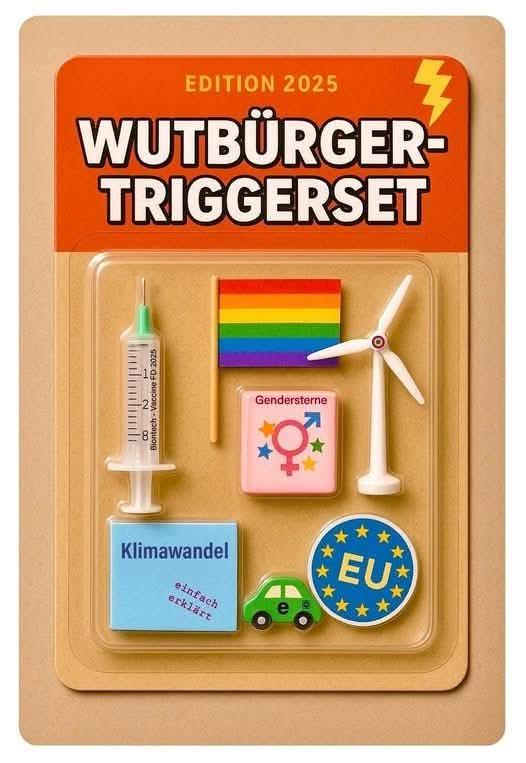 Wutbürger Triggerset bestehend aus:: Impfspritze, Regenbogen Flagge, Windrad, Gendersternen, Klimawandel einfach erklärt Buch, E-Auto, EU Button