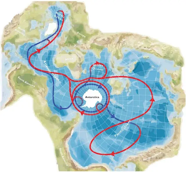 The globe viewed on a Spilhaus projection; in contrast to conventional projections, this portrays the ocean fringed by land. The global thermohaline circulation is shown in cartoon form, with upper-layer flow in red and lower-layer flow in blue.