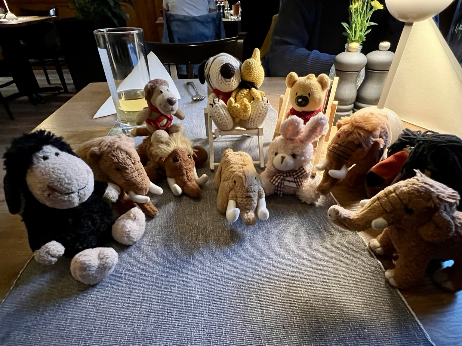 Die vier plüschigen Mammuts, Ludwig, noch ein Mammut, Löwe, Schaf, Bär und Snoopy,