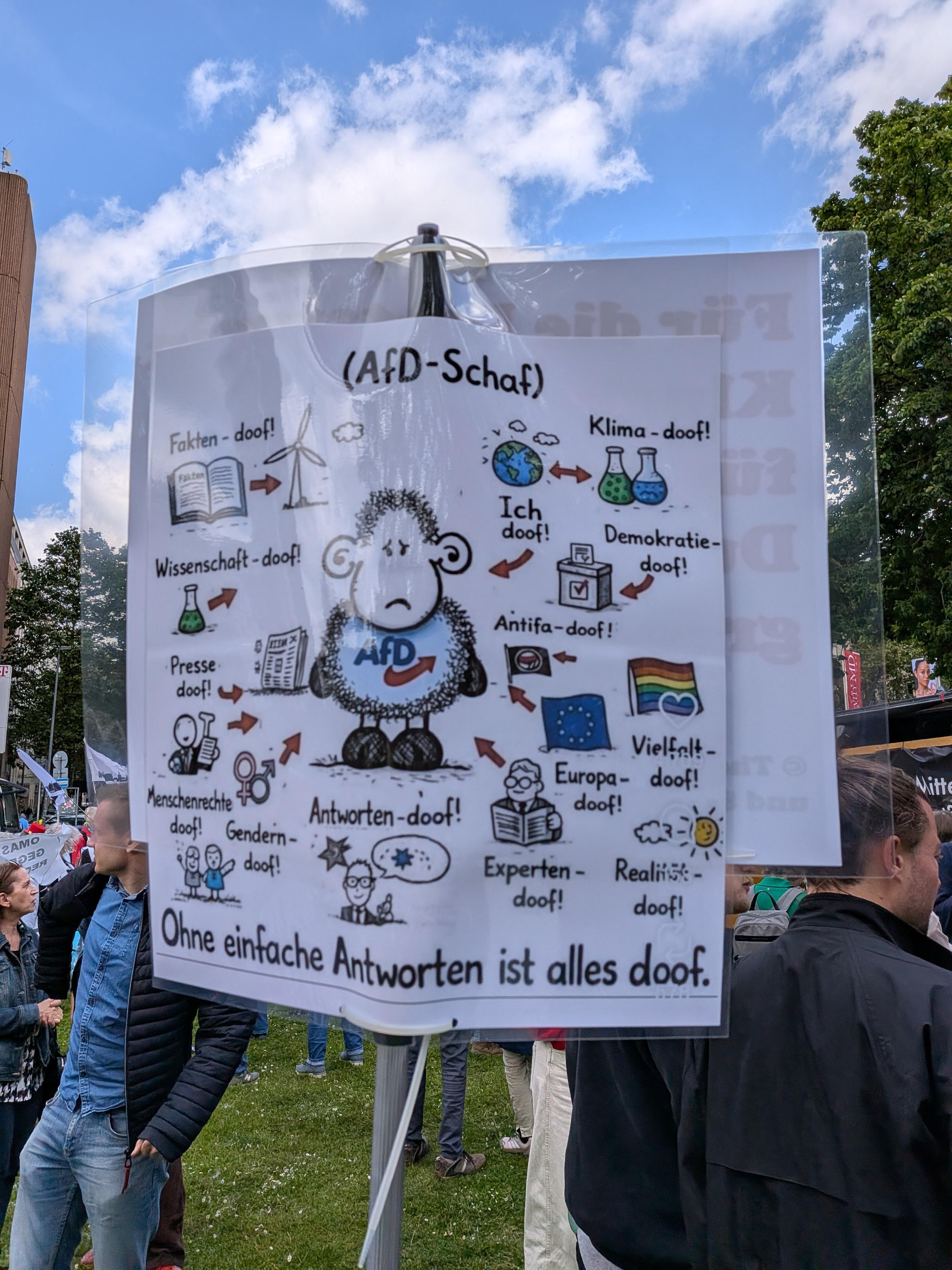Das AfD Schaf findet alles doof, gendern doof, Europa doof, Demokratie doof, Realität doof, Experten, doof, Presse doof, Menschenrechte doof, Fakten doof, Klima doof, Anruf doof,...
