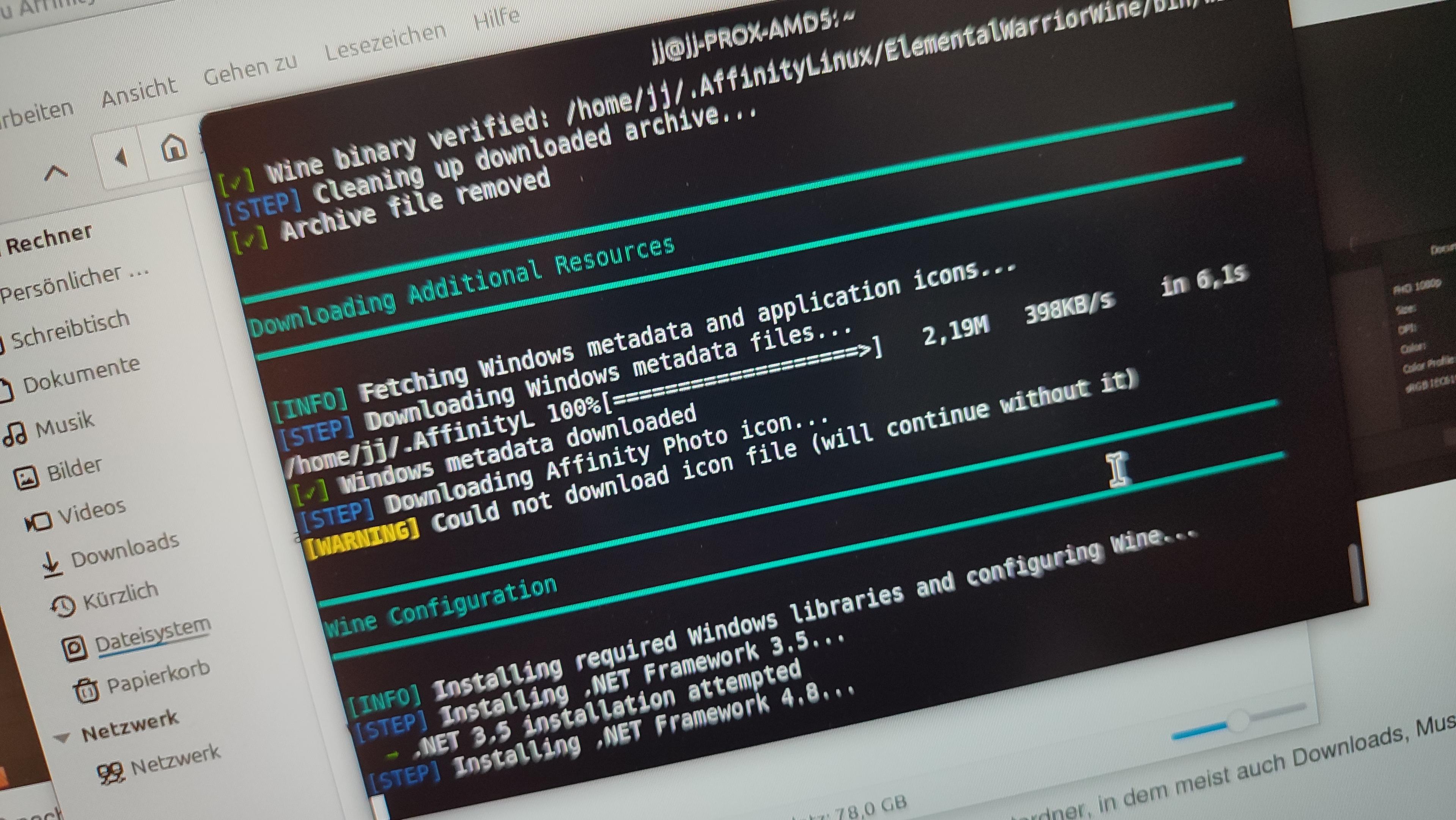 Das Terminal Fenster, das die Installation des Scripts von linux-content.org ausführt um Affinity Photo und Co zu installieren