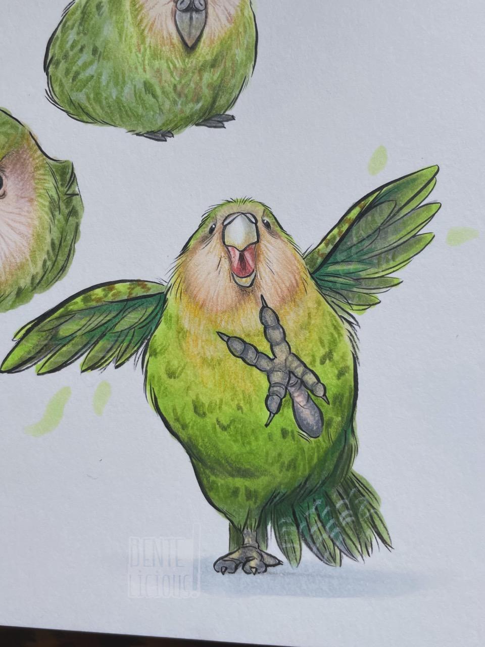 Illustration eines wütenden kakapos der mit ausgebreiteten Flügeln und aufgerissenem Schnabel auf uns zustapft