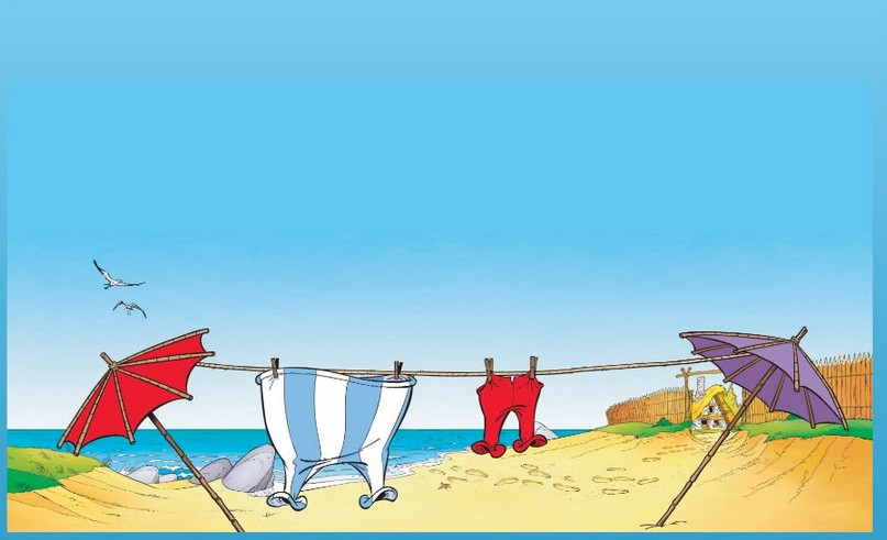 Es ist eine Wäscheleine zu sehen, die zwischen zwei Sonnenschirme gespannt ist. Daran hängen mit Klammern die Hose von Obelix und Asterix. Die Szene ist am Strand, das Meer ist im Hintergrund zu sehen und der Himmel ist blau und wolkenlos.