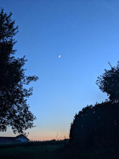 eine kleine Mondsichel am blau-orangen Abendhimmel nach Sonnenuntergang 